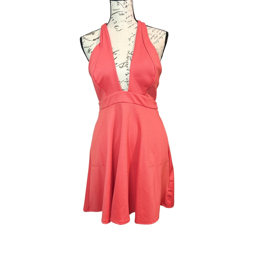 Free People Beach Coral Pink Deep V-Neck Skater Mini Dress Small Pockets Boho